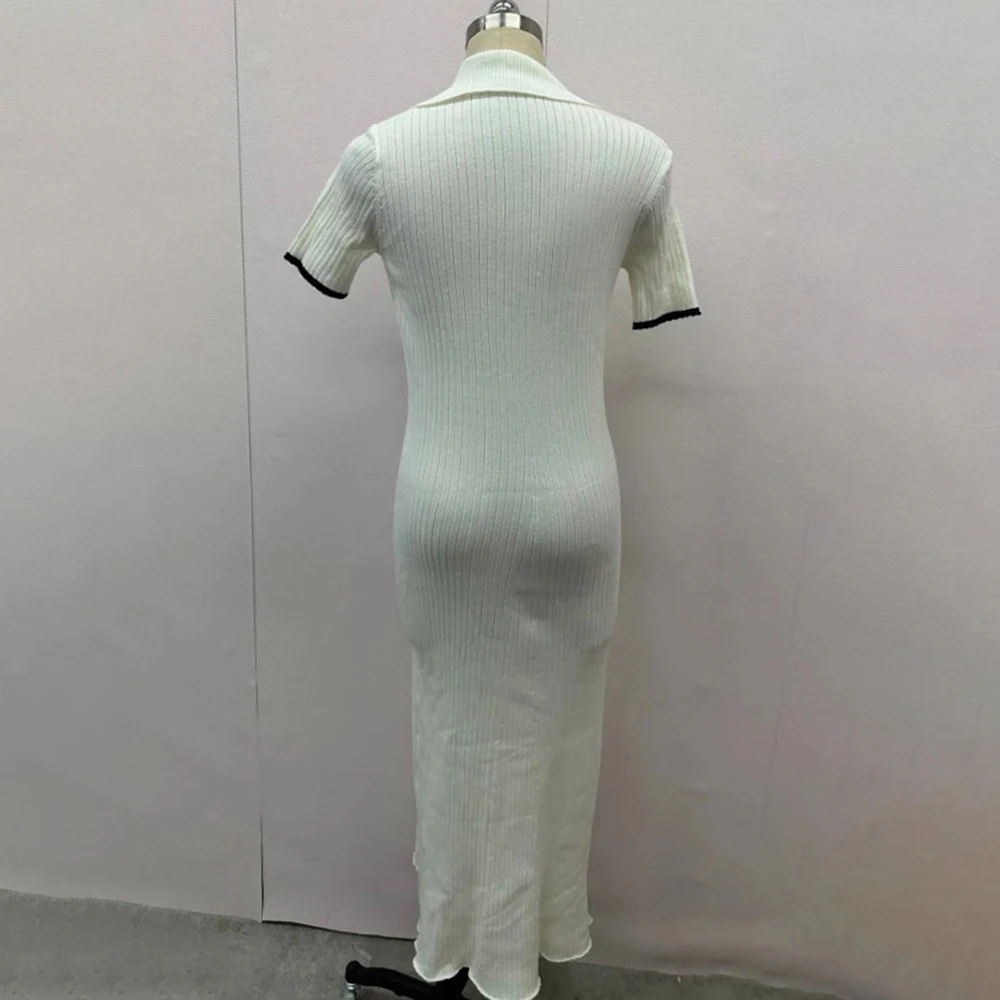 TWOTWINSTYLE Spliced Button Knitted Dresses For Women Lapel Short Sleeve High Waist Hit Color Temperament Maxi Dress Female New
