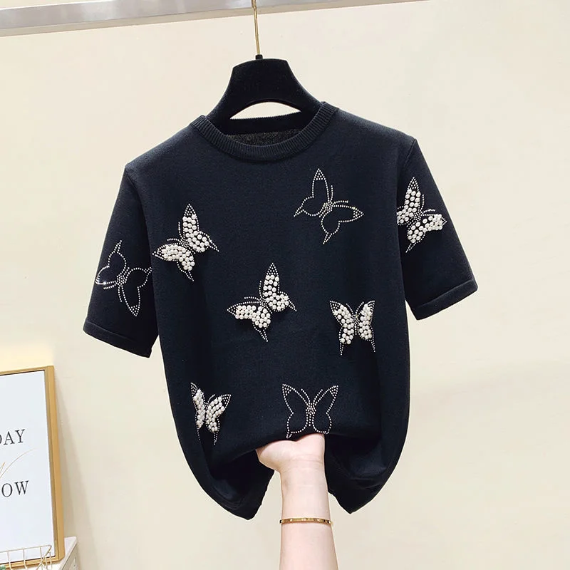 New Summer Luxury Design Butterfly Nail Bead Short Sleeve Knit Sweater Korean Fashion Thin Casual Jumper Women Knitwear 2022