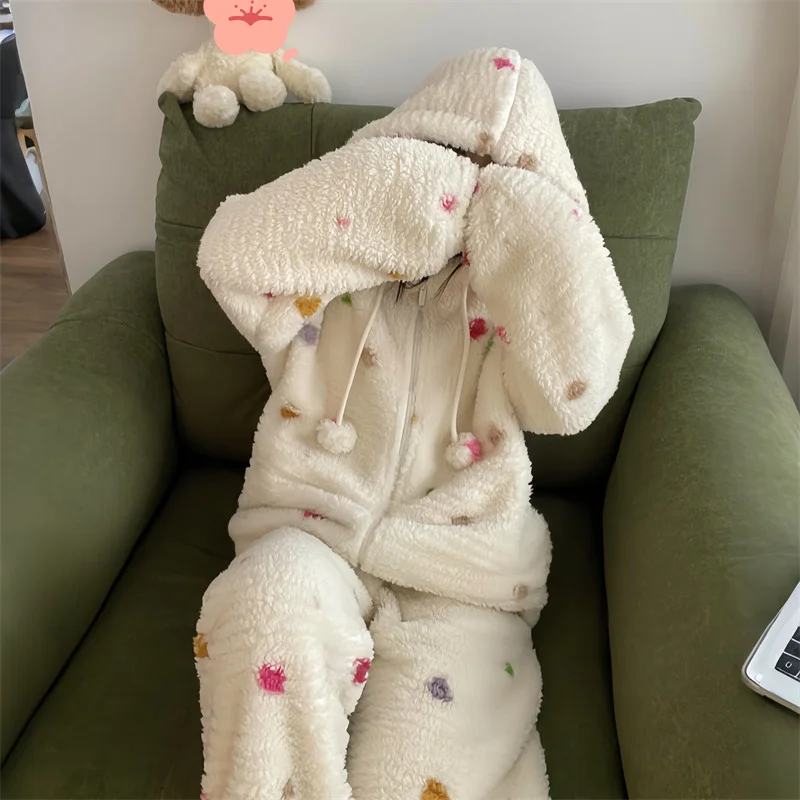 

Korean style Women's pajamas autumn winter thicken Pajama Set polka dot coral fleece hooded keep warm homewear two-piece set