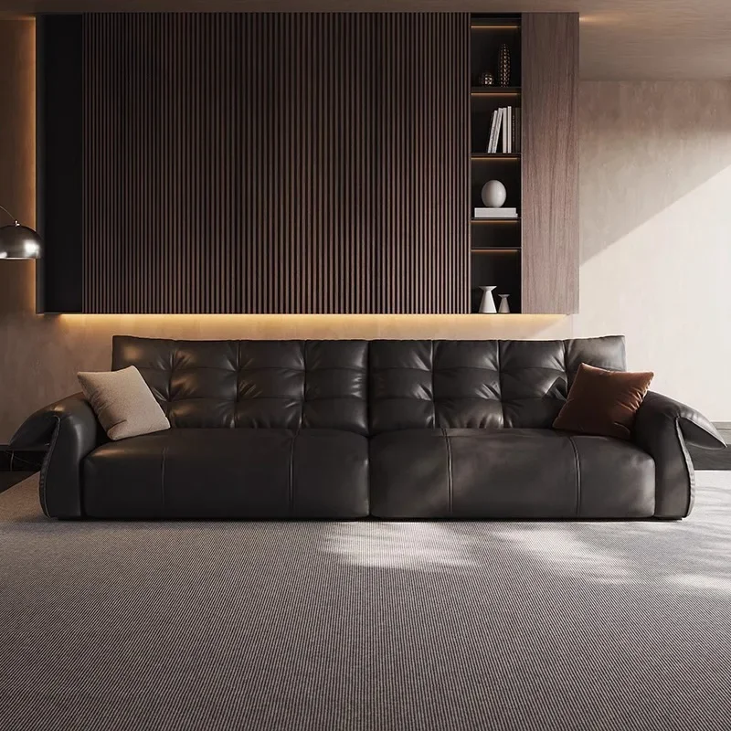 Sofa Italian minimalist, leather sofa first layer, cowhide straight row swan sofa, black three-person sofa