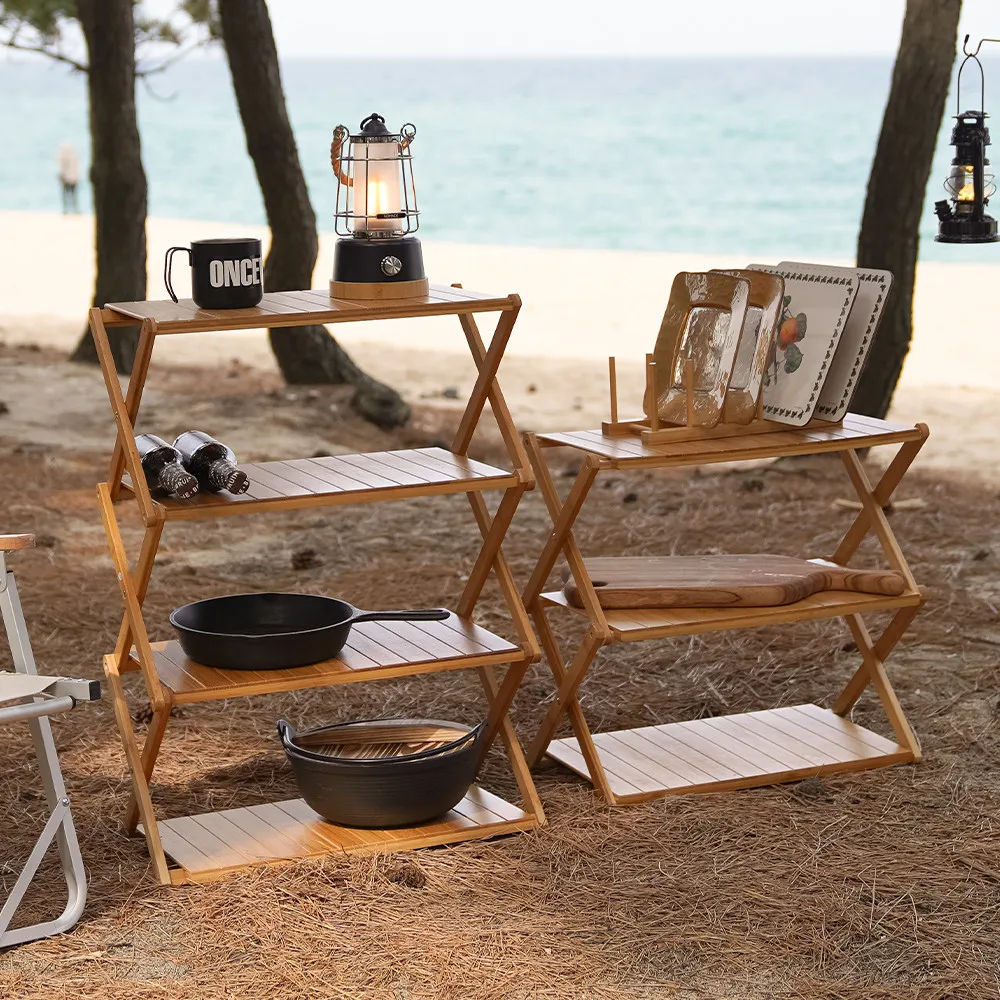 Wood Bamboo Outdoor Multifunctional Shelf Camping Foldable Portable Table Picnic Home Multi-scene Use 3-4 Layer Storage Rack
