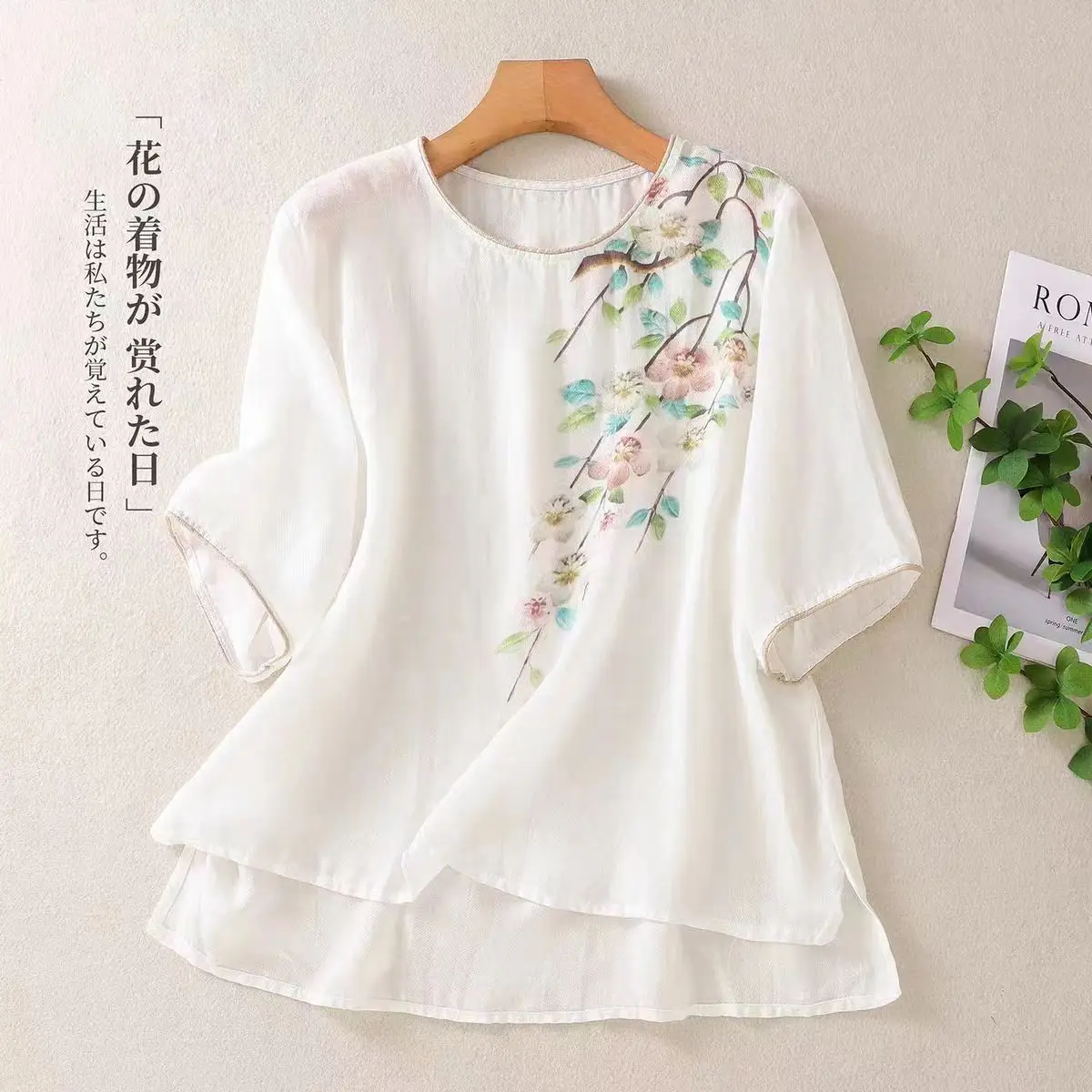 New Chinese Style Retro Cotton and Linen Top for Women in Summer Thin Loose Cotton and Linen Shirt Short Sleeves
