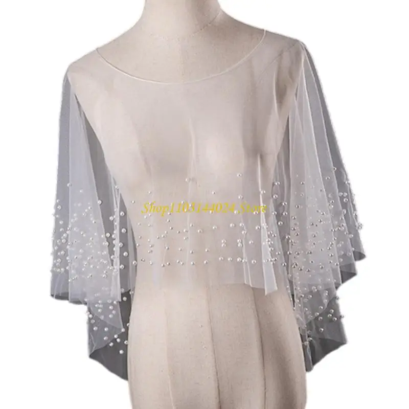 

N5KE Light weight Sheer Netting Shawl Pearls Decorated Round Collar Bride Capes Evening Party Accessory