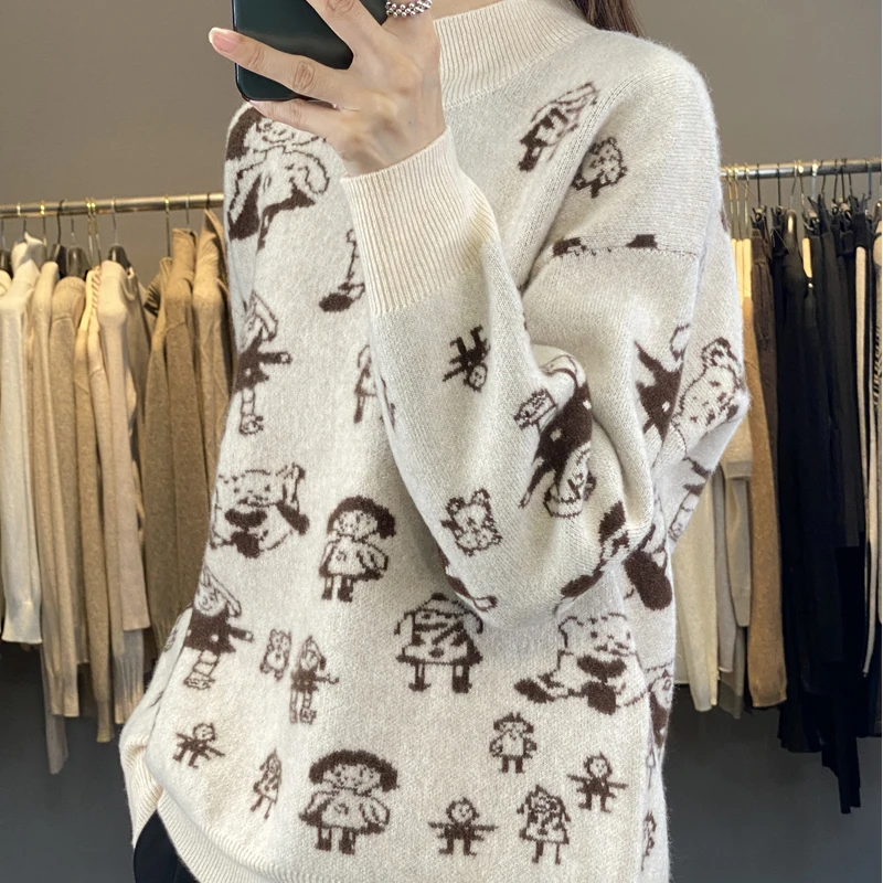 100% Merino Wool Thickened Jacquard Jumper For Women Fashion Loose Autumn/Winter Warm Half Turtleneck Special Sweater