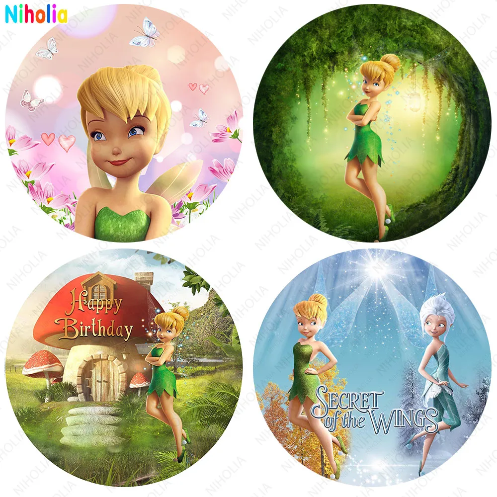 

Fairy Tinker Bell Circle Backdrop For Girls Princess 1st Birthday Party Elf Green Flying Round Photography Background Studio