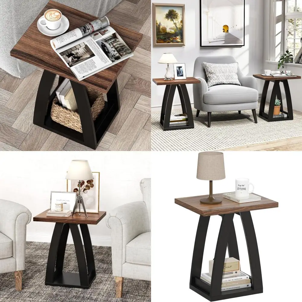 

Modern Living Room End Table with Shelf, Sofa Side Table in Black-Brown Wood Finish