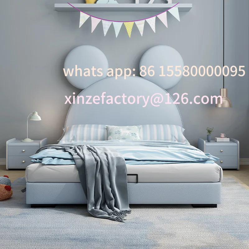 سرير جلدي من الخشب الصلب للأطفال قابل للتخصيص باللون الوردي