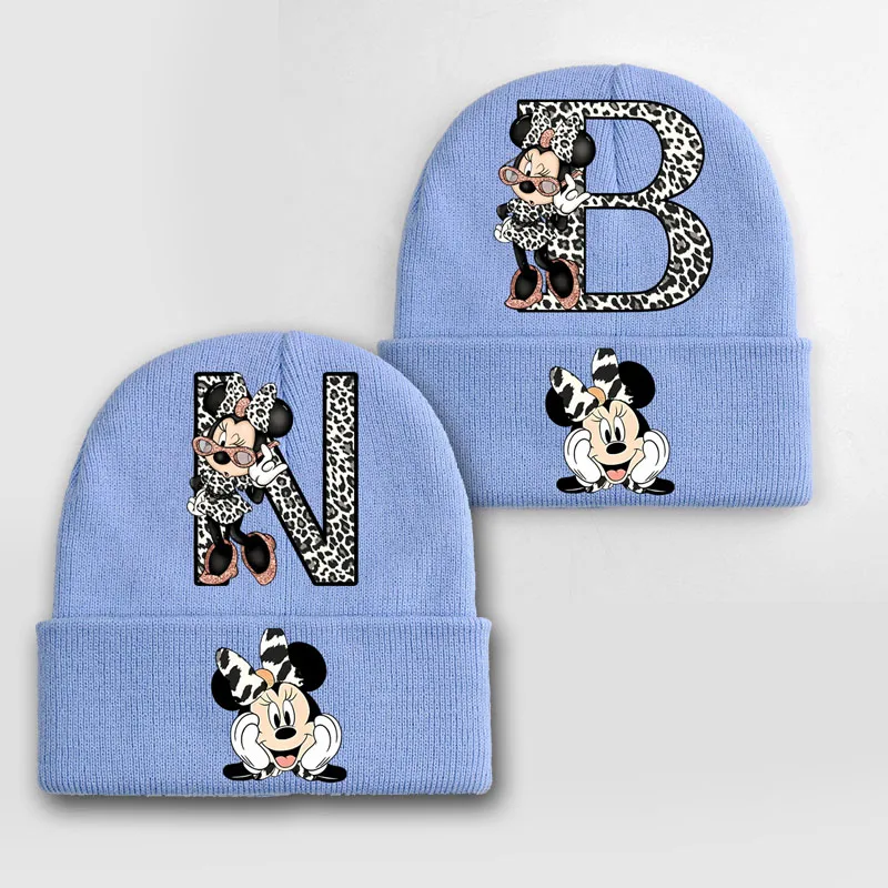 Leopard Disney Minnie Mouse 26 English Alphabet Printed Hat Winter Warm Child Hat Knitted Cap Beanie Hat Girls Beanies Hats Gift