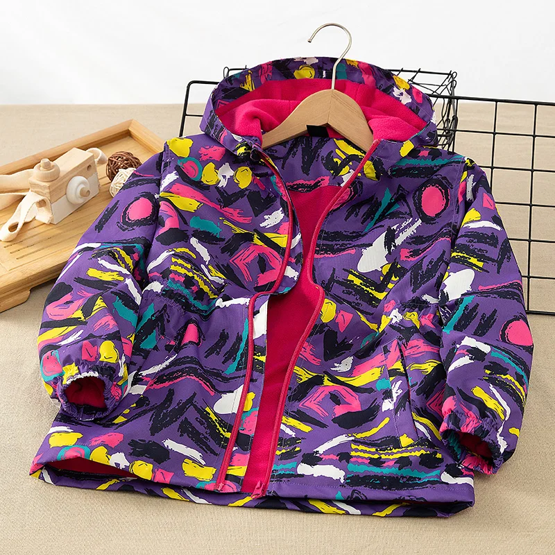 Girls Fleece Lined Waterproof All-Over Prints Zipper Hiking Jackets School Kids Track Coats Child Windbreaker Outfit Tops 3-12Yr