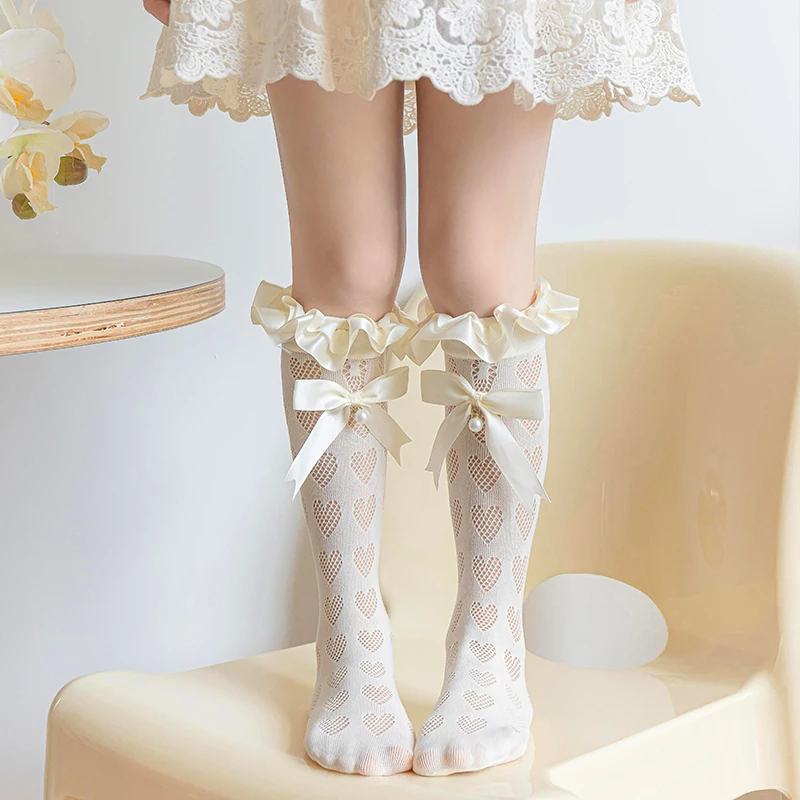 Baby Kids Big lace bow pendant pearl Long Lolita Socks Hollow mesh heart Over The Knee High Sock Princess Girls Kawaii Stockings