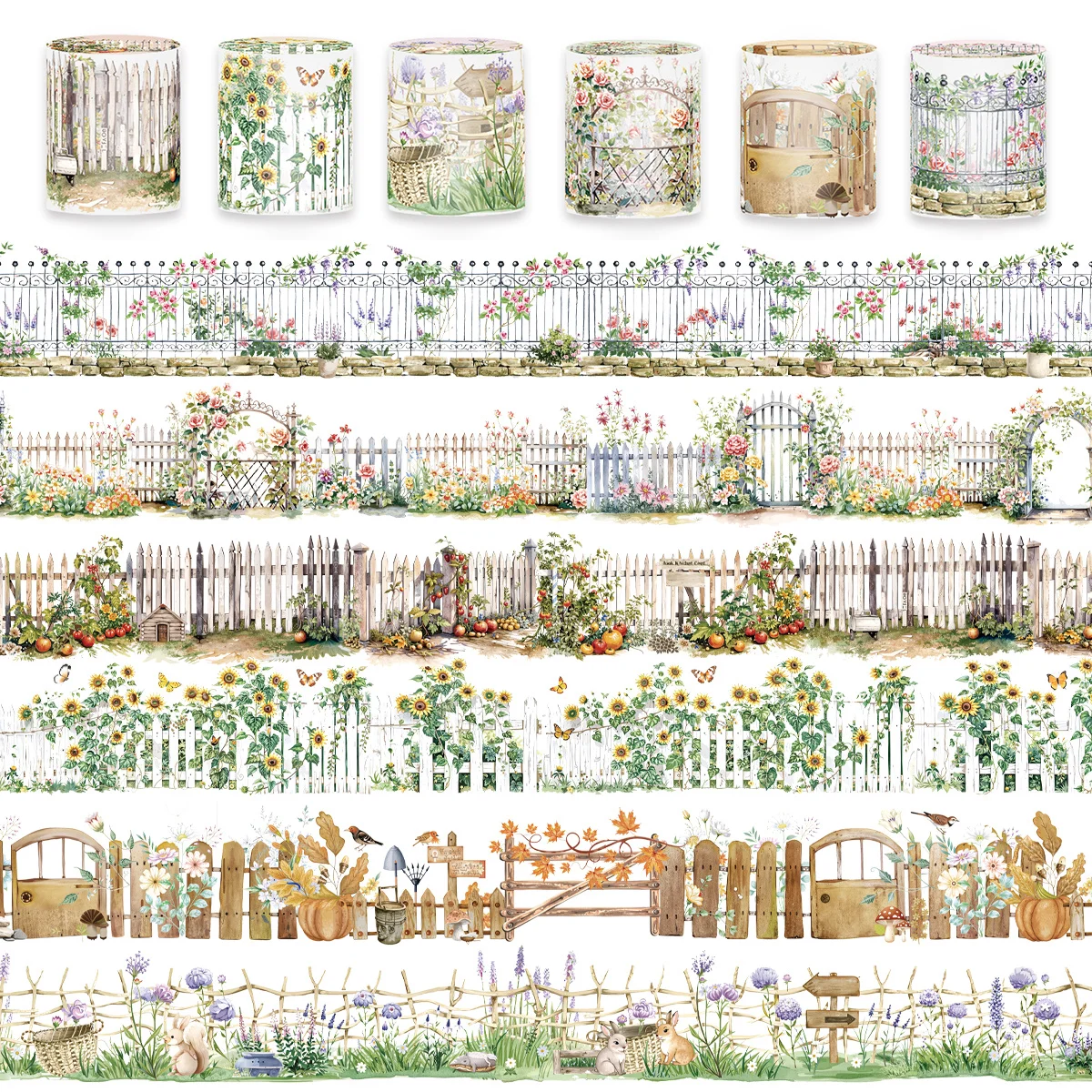 6 Rolls Garden Fence Series Decorative PET Tape - 40mm X 200cm Adhesive Tape for DIY Crafts Scrapbooking Journal Album Stickers