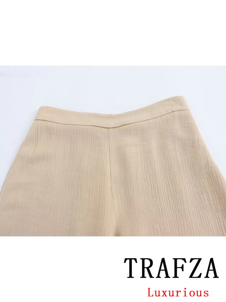 TRAFZA Vintage Casual Chic Solid Women Suit Sleeveless O-Neck Sashes Top Loose Straight Long Pants New Fashion 2024 Autumn Suit