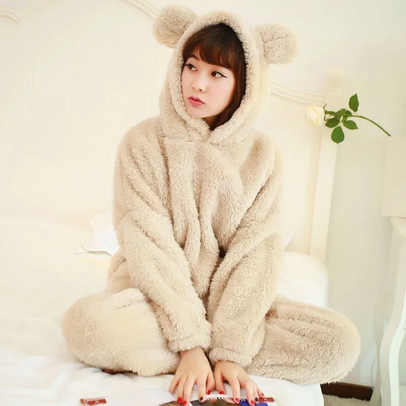 Autumn Winter Women's Padded Plus Size Cartoon Bear Pajamas Cute Coral Velvet Sleepwear Suit Long Sleeve Girls Loungewear Set