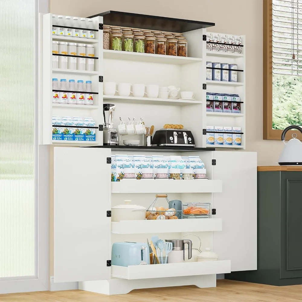 

72" Kitchen Pantry Storage Cabinet, Farmhouse Pantry Cabinet with 8 Hanging Rack Shelves & 3 Pull-Out Racks