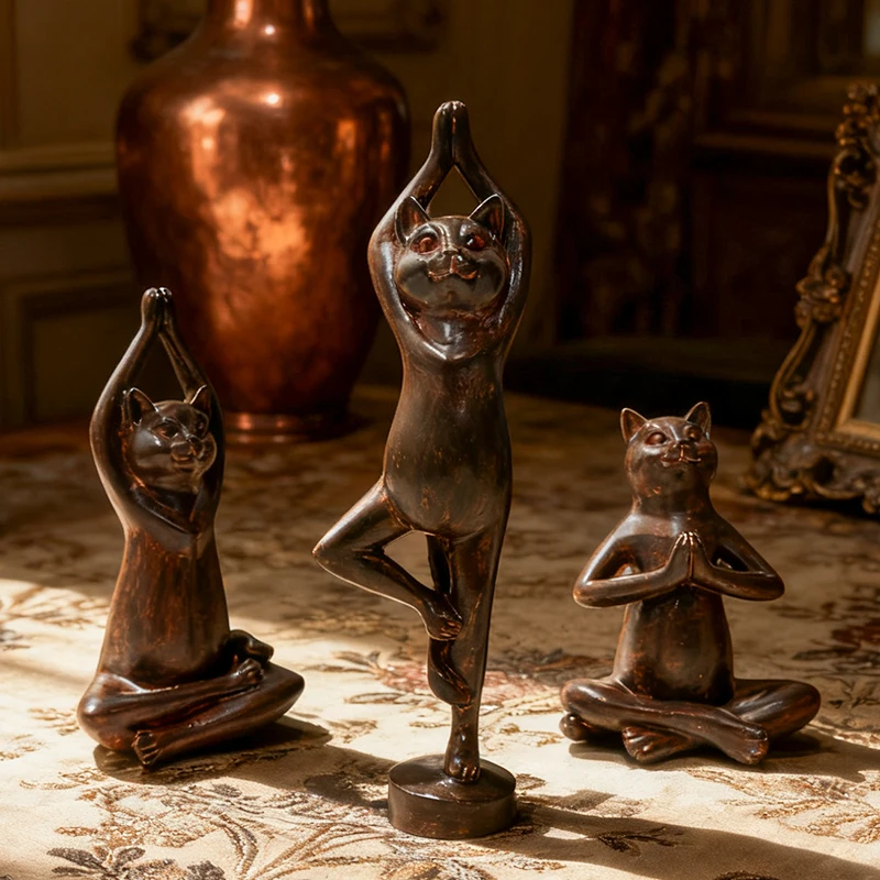 3 Resin Yoga Cat Figurines: Retro Bronze-Style Meditating Cat Statues, Perfect for Zen-Inspired Decor in Your Home or Office