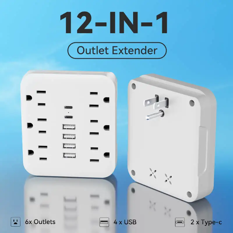 12-in-1 With 6 AC Sockets, 4 USB, 2 Type-C Ports Wall Outlet Extender - Safe, Portable, And Space-Saving Power Solution