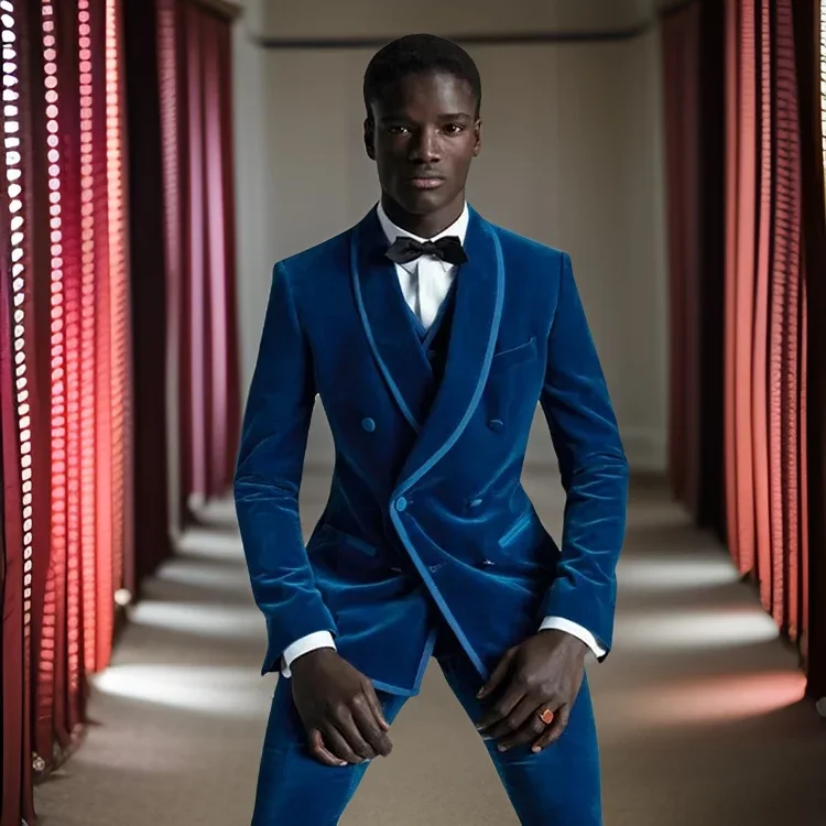 

Formal Suits For Men Double Breasted Custom 3 Pcs Groom Wedding Tuxedo Slim Fit African Fashion Velvet Smoking Prom Costume