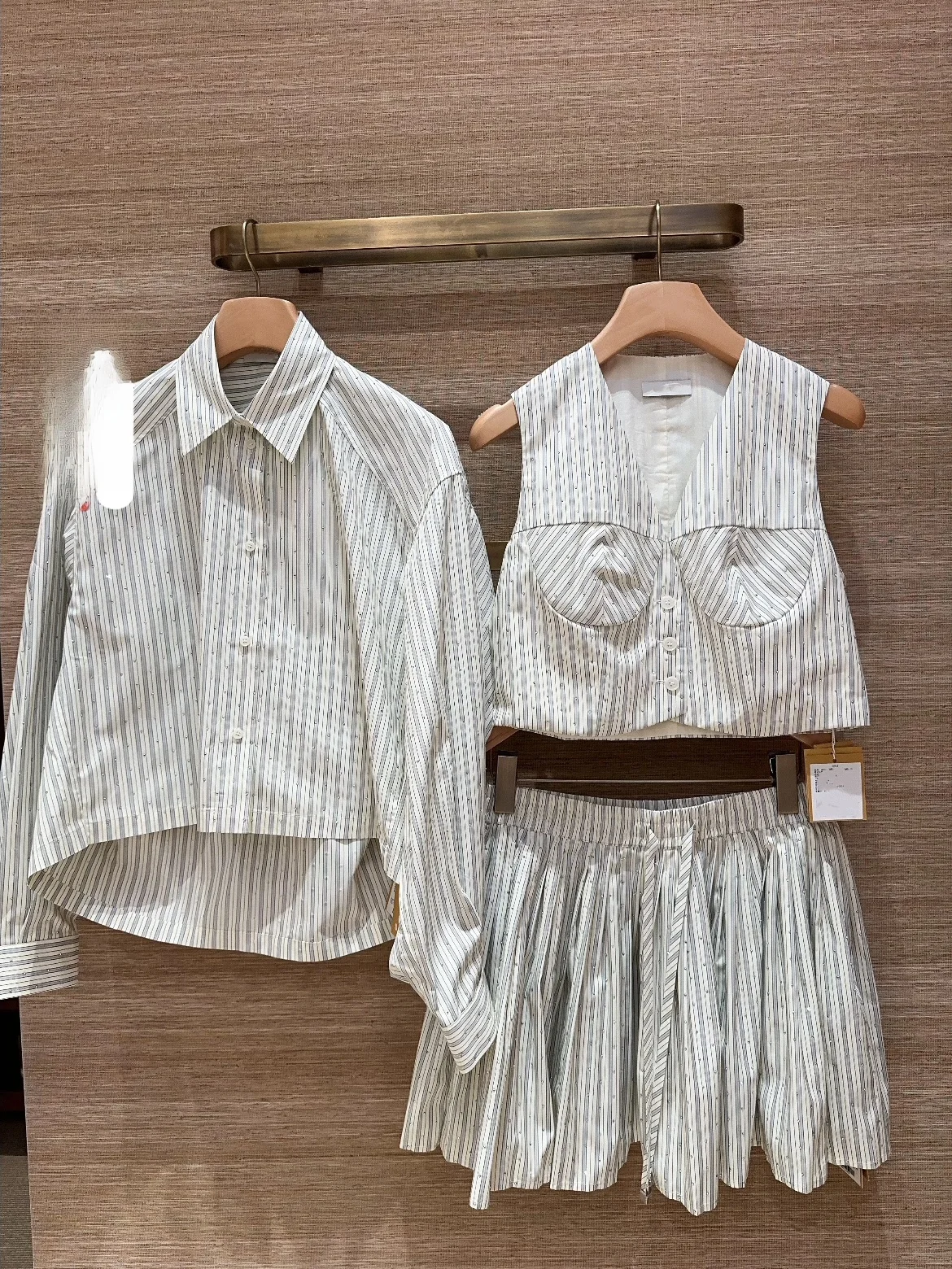 

HEIDD Spring 2026 Early Spring Sequin Striped Shirt Vest Elastic Waist Skirt Set Women's Casual Style Long Sleeve Mid-Length ...