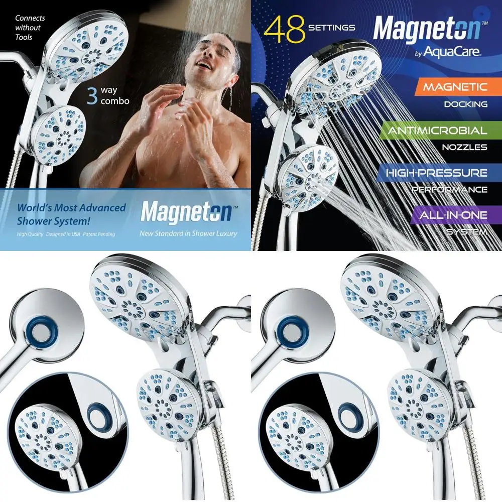 

Роскошная 48-дюймовая 3-функциональная душевая система с магнитным креплением, режимами «тропический душ» и ручного душа, шлангом из нержавеющей стали, полностью хромированная отделка