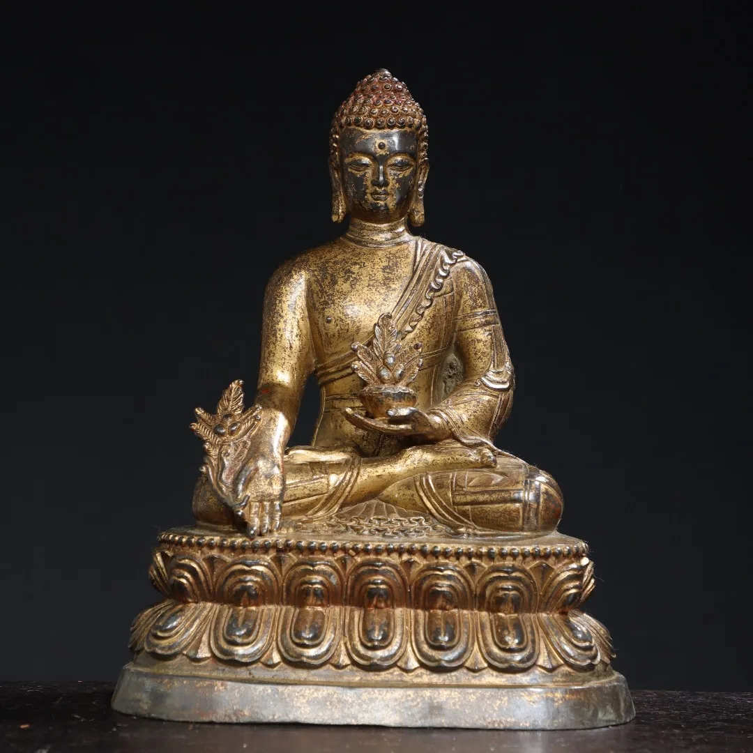 

11"Tibetan Temple Collection Old Bronze Gilded Cinnabar Mud gold Medicine Buddha Bhaisajyaguru Worship Hall Town house