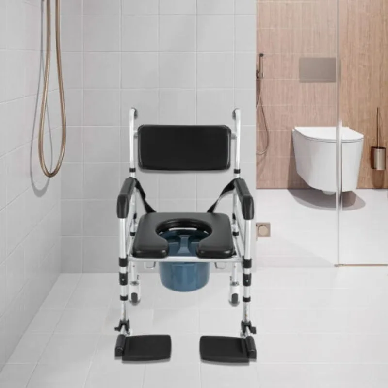 Shower Chair with Wheels 3 in 1 Foldable Height Shower Wheelchair Accessibility Commode Wheelchair with Flip-Up Footrests