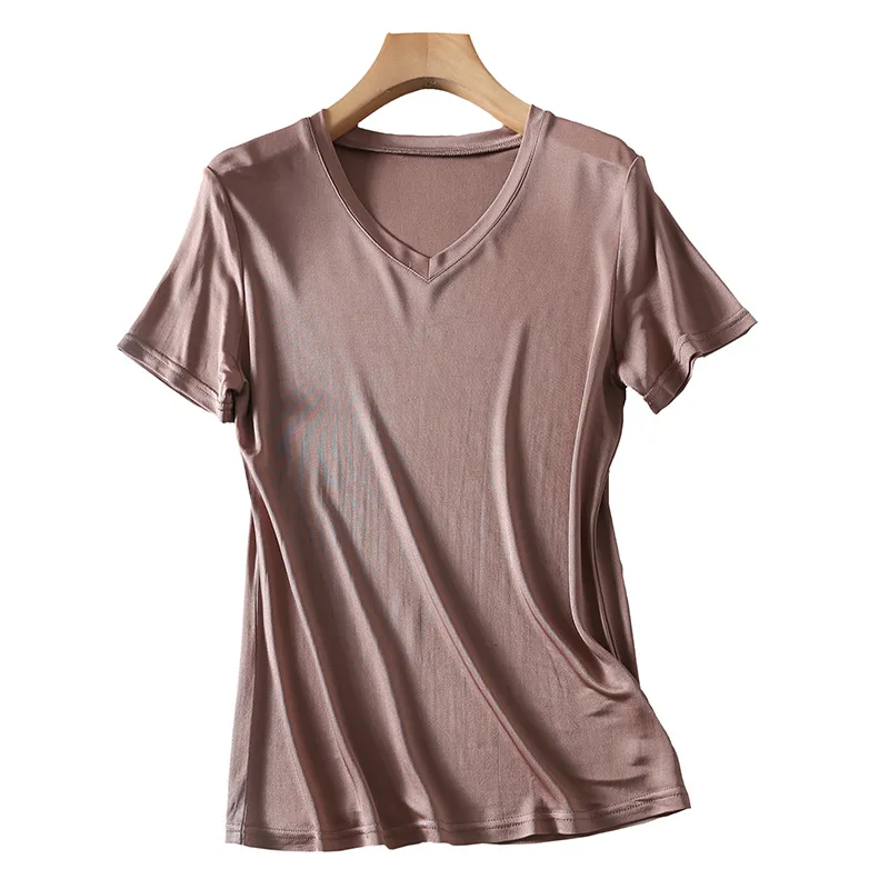 Women 50% Silk 50% Viscose Knit Short Sleeve V-neck T-Shirts Slim Type Top M-2XL TG306