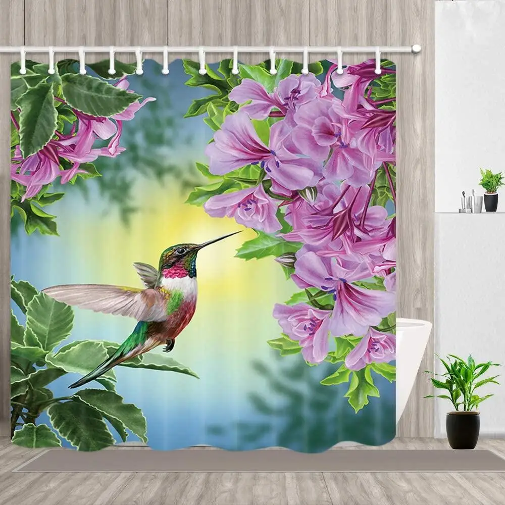 Flower Hummingbird Print Shower Curtain Natural Pink  Polyester Fabric Waterproof   with Hook Decoration