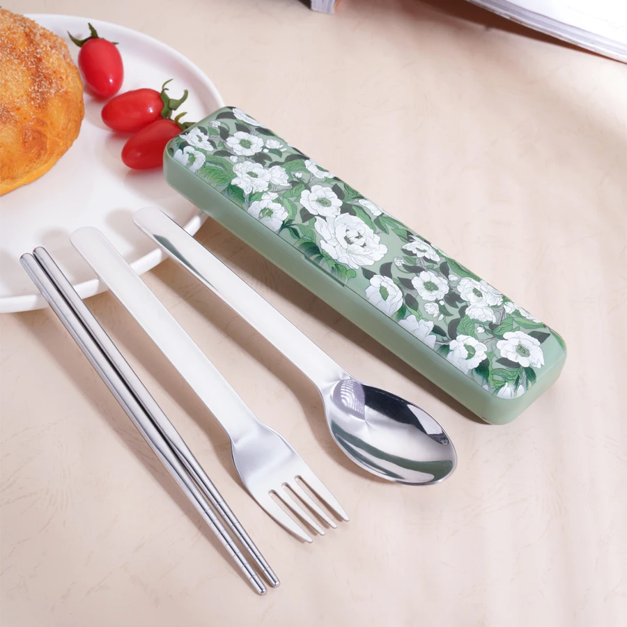 304 Stainless Steel Portable Cutlery Set Japanese Style Dinnerware Fork Spoon Chopsticks Set Magnetic Box With Cherry Pattern view 4