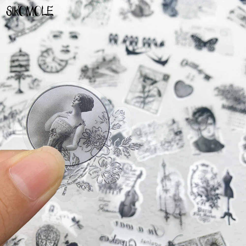 58 個ヴィンテージスタンプクリップアートステッカー PET 透明デカールおもちゃ文具ギター電話自転車ラップトップ荷物落書きステッカー