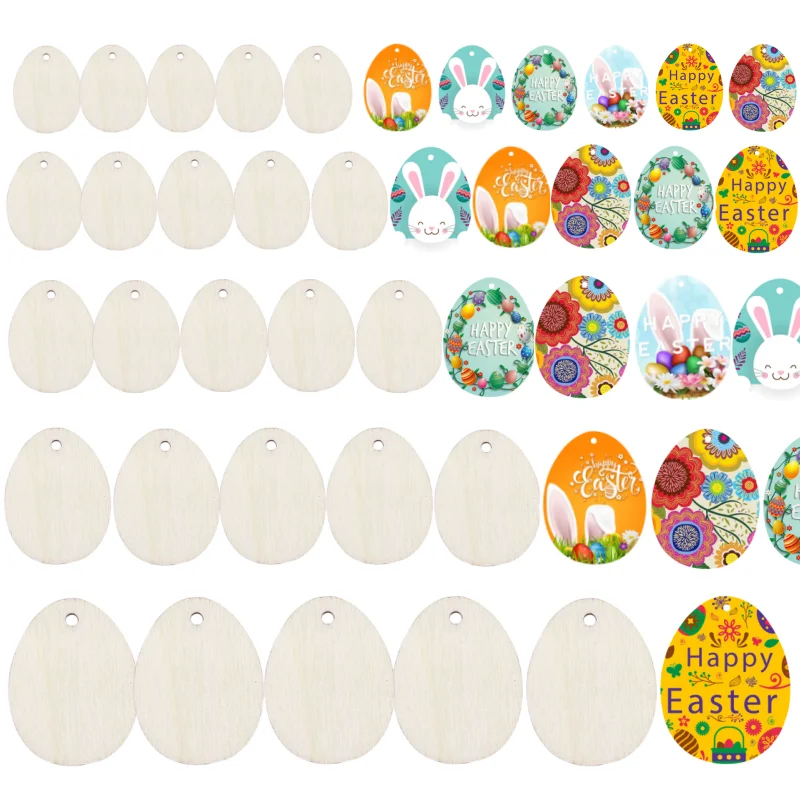 Unfinished Easter Wooden Eggs With Ropes Home Blank Pendant Bunny Egg Wood Chips DIY Painted Crafts Easter Party Kids Favor