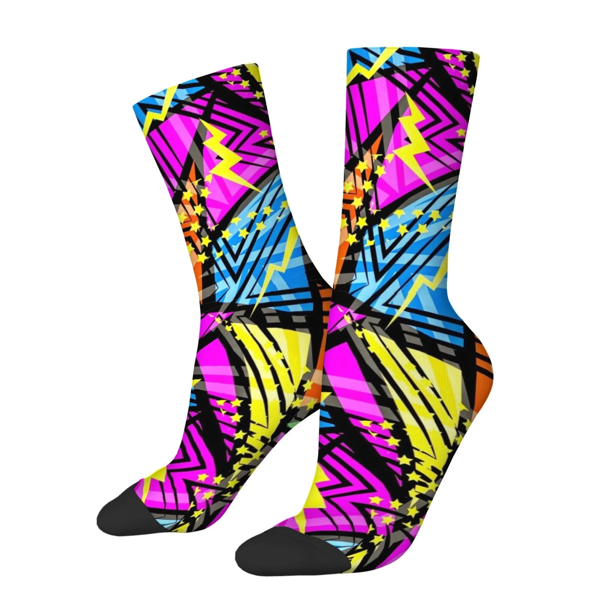 Neon Geometric Lightning and Star Print Mid-calf Socks High Retro-futuristic Trendy and Unique Soft and Comfortable Socks