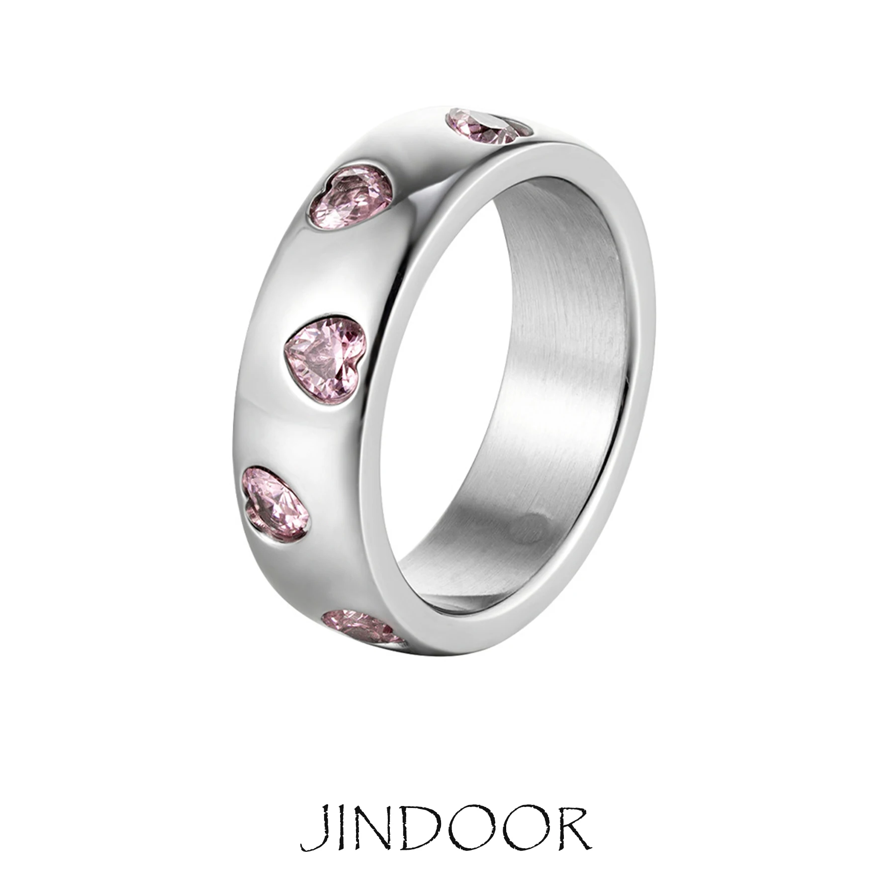 JINDOOR Titanium Steel Pink Heart Gemstone Ring for Women, Y2K Style, Cubic Zirconia Band, Dainty Luxury Fashion Jewelry