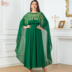 Uni Arab Moroccan Casual Chiffon Floral Embroidery Long Dresse With Cloak Fashion Party Belted Abaya Saudi Turkish Clothing