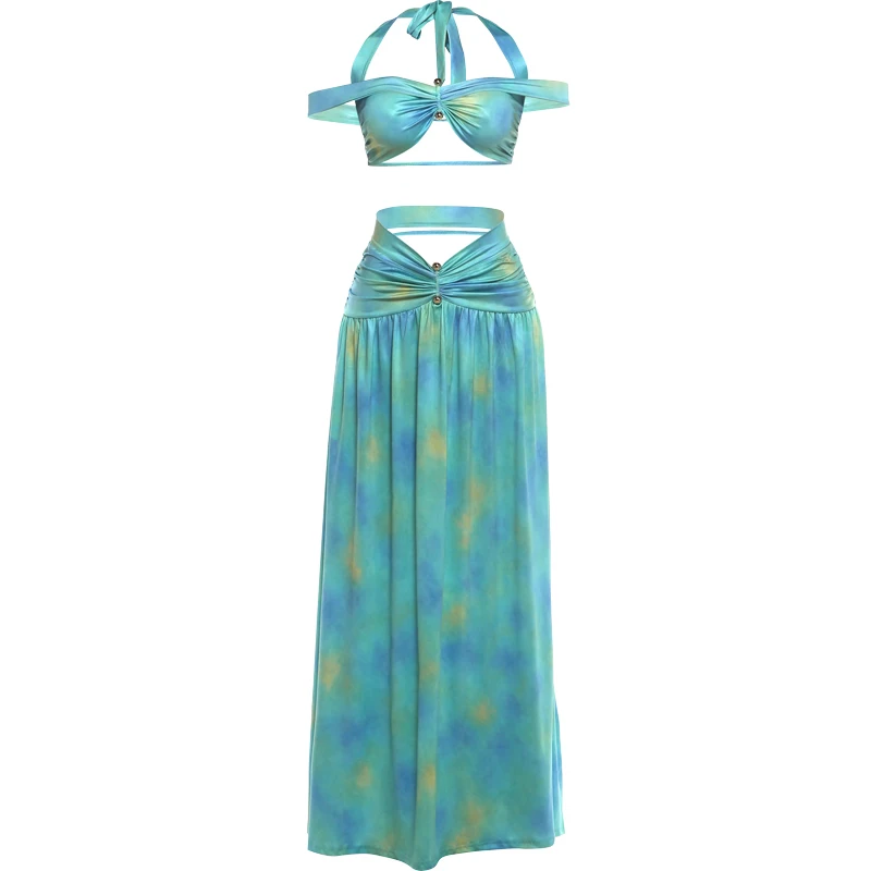 Nibber Chic Vacation 2-teiliges Set für Damen mit Polka-Dot-Print, sexy Neckholder-Bandagen-Crop-Tops mit Schrägausschnitt + hohler, geraffter Rock, Trendanzüge – Detail 4