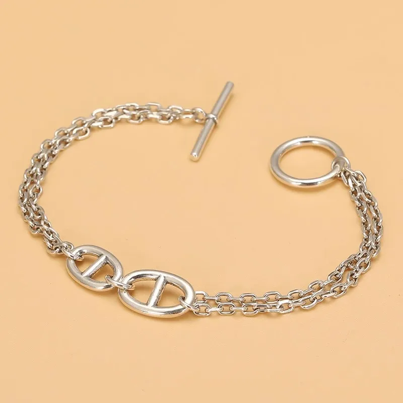 S925 Silver OT Buckle Pig Nose Bracelet Korean Edition Thai Silver European and American Texture Heavy Industry Retro Trendy Sil