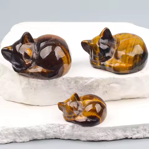 Big Size Tiger Eye Sleeping Cat Crystal Carved Animal Natural Stone Mineral Healing Souvenir 2.2 Inch Zoo Theme Decoration