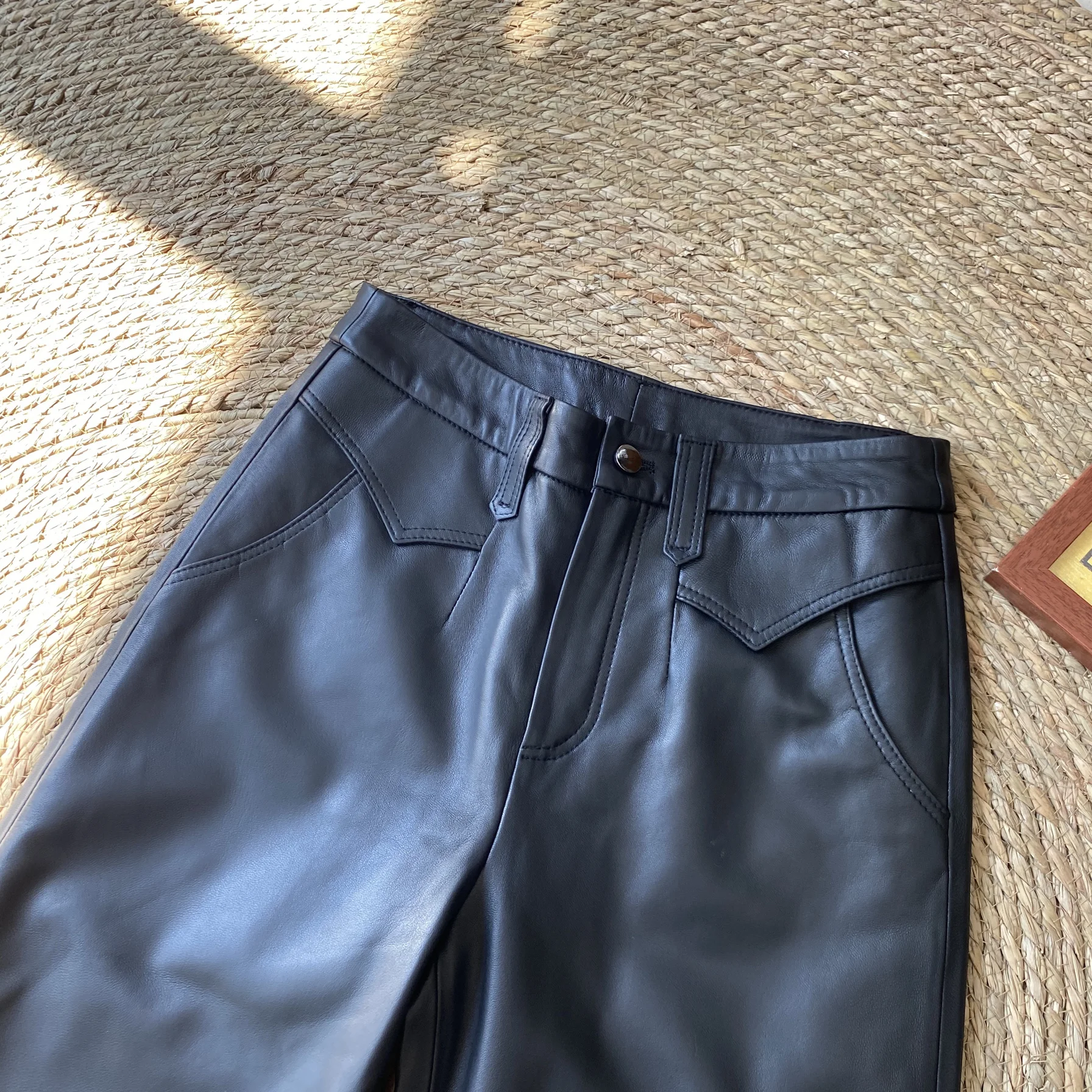 Damskie spodnie ze skóry naturalnej, szerokie nogawki, wysoki stan, wyszczuplające, proste, długość 7/8, luźne skórzane spodnie, jesień-zima