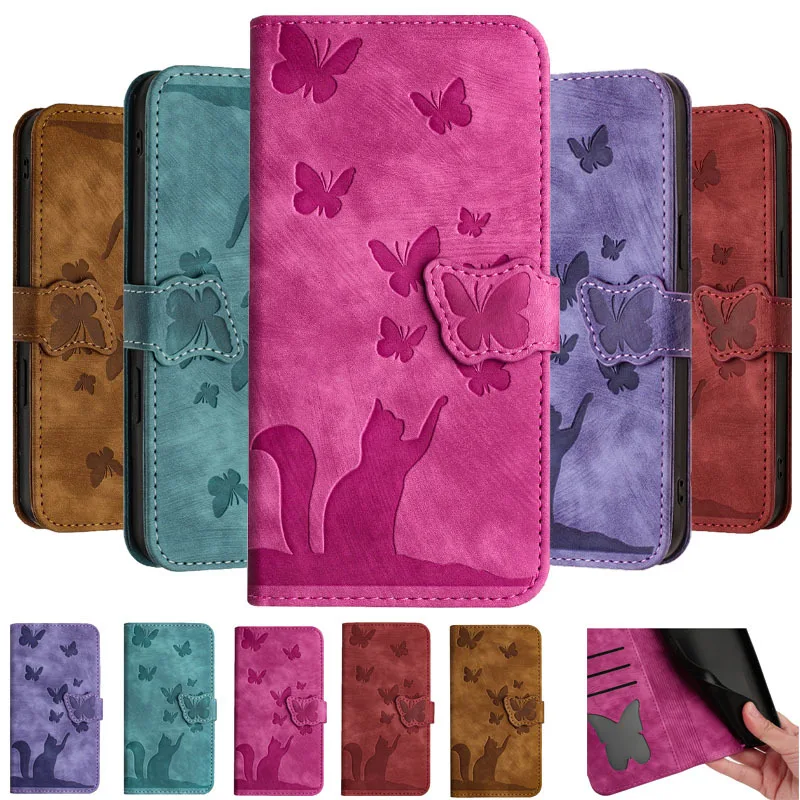 Leather Flip Wallet Case For iPhone 15 14 13 12 11 Pro 7 8 Plus SE 2020 2022 X XS XR Max Fashion Cat Butterfly Book Cover