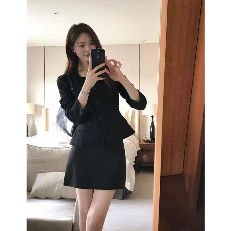 MEXZT Elegante Abgeschnitten Jacke Frauen Fashion Square Kragen Schwarz Mantel Herbst Koreanische Einreiher Lange Ärmel Kurze Outer