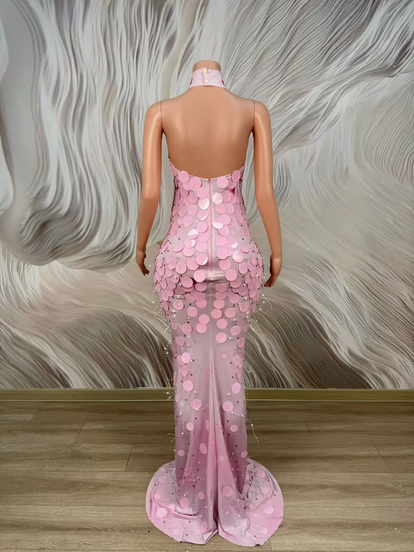 

Huaxiang Elegant Woman Party Evening Gown Pink Sequins See Through Mesh Strapless Long Dress Wedding Birthday Cocktail Prom Gown