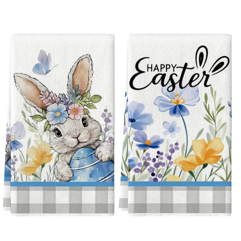2Pcs, Easter Gray Checkered Rabbit Kitchen Towels, 40Cm*60Cm Towel Set, Best Kitchen Towels, Super Absorbent Soft Cleaning Cloth, Cooking and Baking Tea Towels, Hand Towels, Cleaning Cloths, Dishcloths, Kitchen Decoration, Living Room Decorations, Kitchen Essentials, Home Essentials