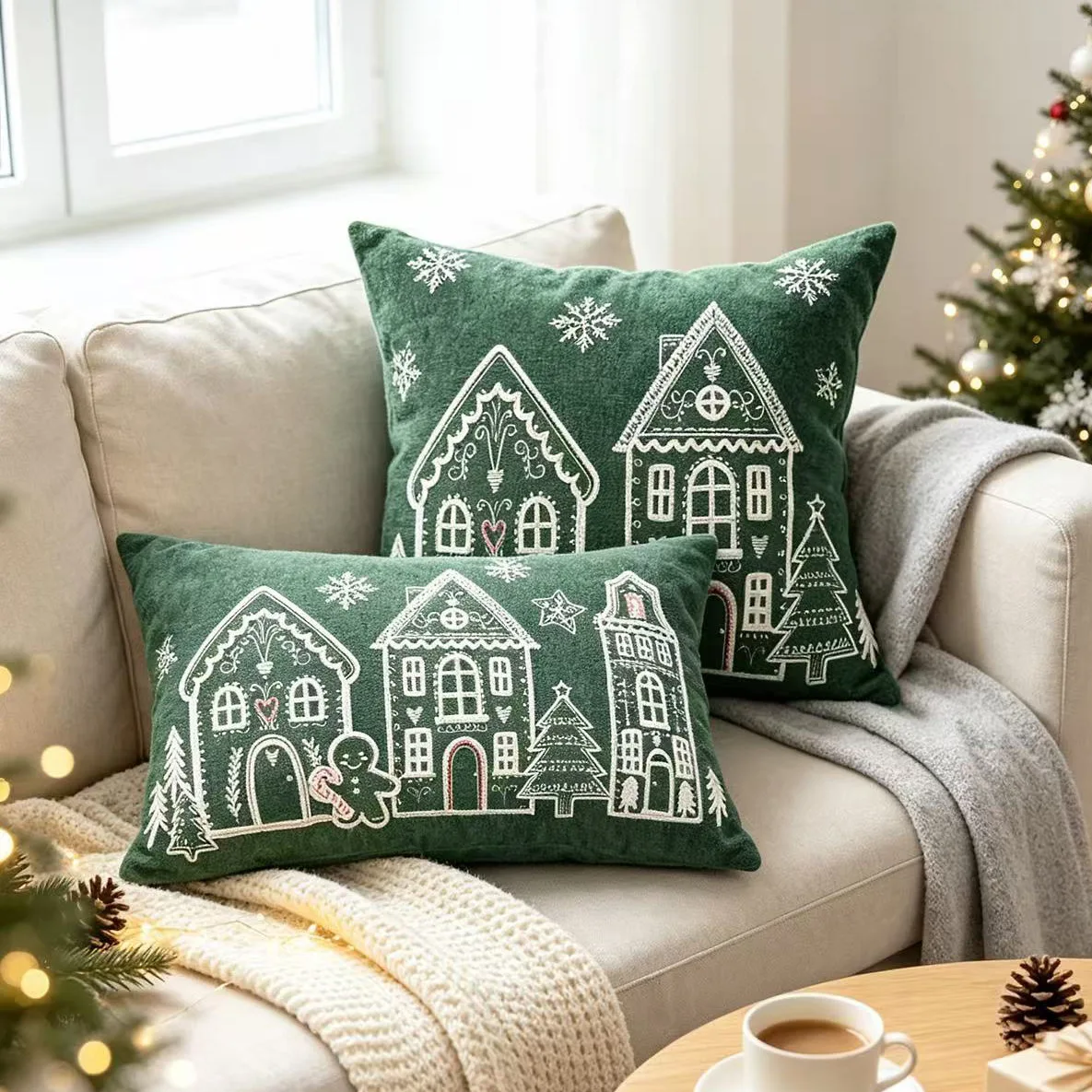 Christmas Chenille Cushion Cover Gingerbread House Embroidery Green Ivory Xmas Pillow Case 45x45cm 30x50cm Sofa Home Decor Gift
