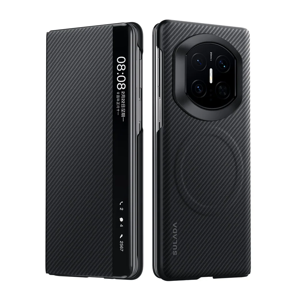 

Магнитный чехол SULADA для Huawei Mate X7, кожаный чехол, текстура из углеродного волокна, функция видания окна, флип-универсальный защитный чехол