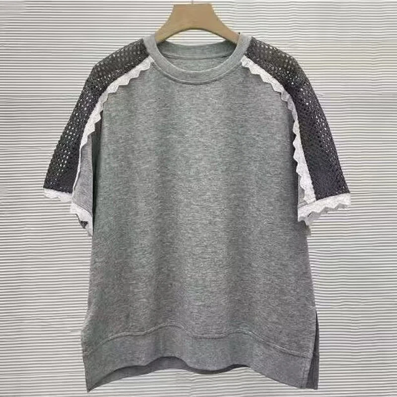 

Split Hem T-shirt Women's Short Sleeved Lace Patchwork Hollow Out 2025 New Causal Pullover Round Neck Top