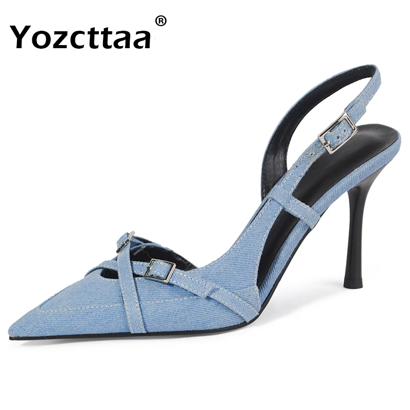 Yozcttaa Size 34-43 Women Denim Sandals Slingback Stiletto High Heels Shoes Summer Ins Fashion Strappy Party Office Work Dress