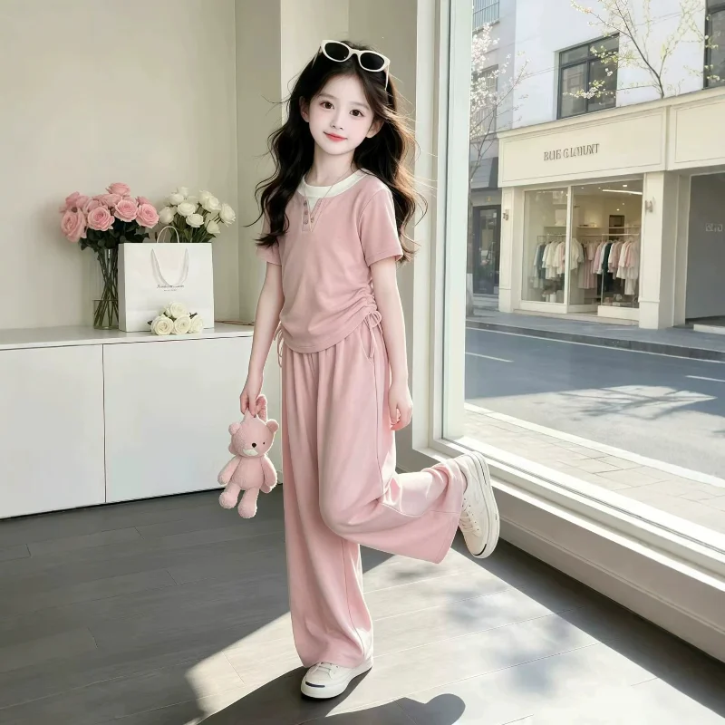 Summer Teenage Girls Clothes Set Children O-Neck Tshirt and Casual Wide-Leg Pants Suit Student Short Sleeve Top Bottom Outfits 5