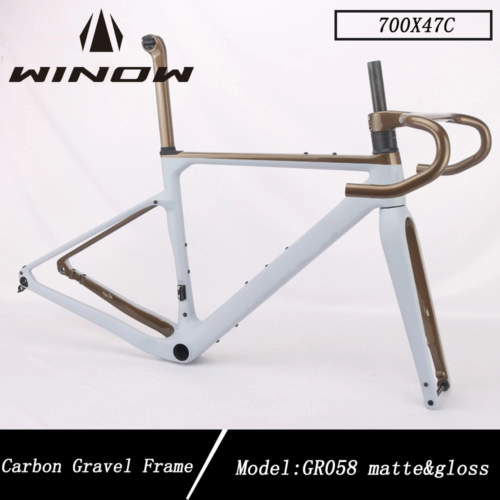 Winowsports Gravel Carbon Frame Disc Brake Full Hidden Cable 47C Max Tire Supported Gray Copper Carbon Gravel Bike Frameset