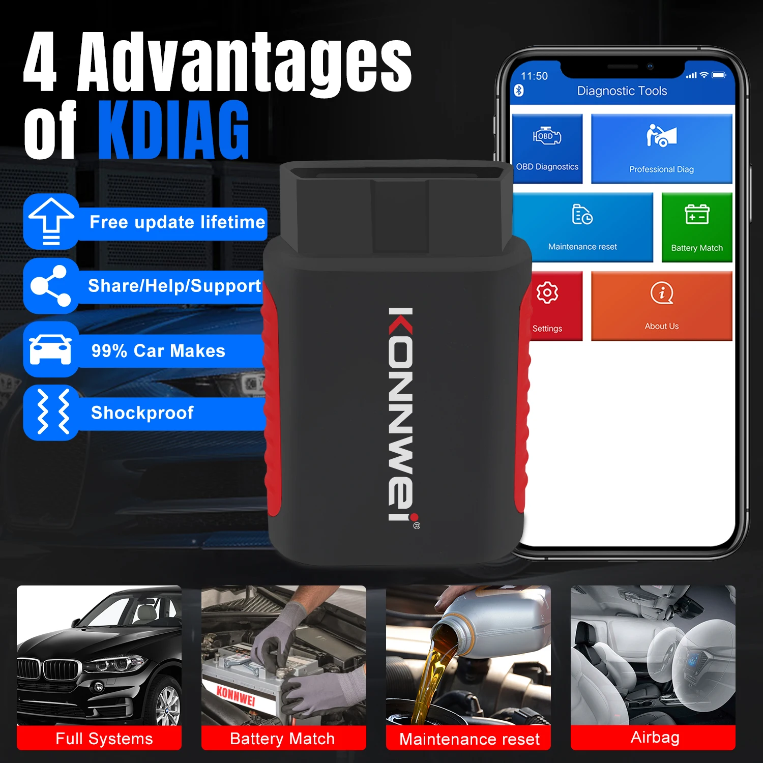 KONNWEI KDIAG MINI 2024 Full System Auto Scanner Reset SAS EPB Service ECU Programmer OBD OBD2 Car Diagnostic Tool pk Thinkdiag