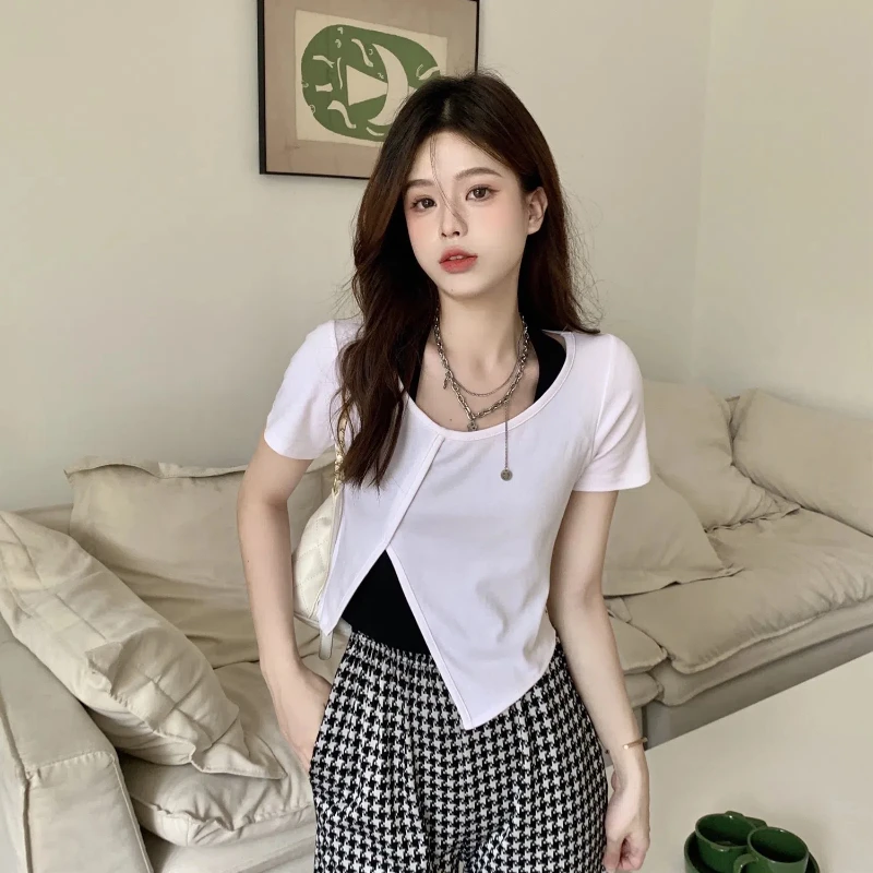 Korean Simplicity Contrasting Colors Short T Shirts Summer New Casual Off Shoulder Tops Tees Youth Sweet Fashion Women Clothing