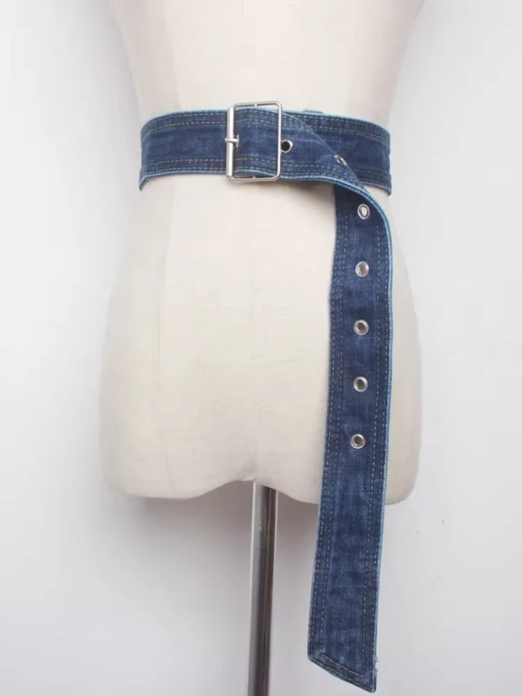 Denim-Gürtel für Damen Kleider-Deko Blauer Taillengürtel Modischer Taillengürtel Silbernadel-Schnalle Jeansgürtel